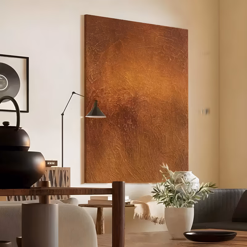 a large vertical color field painting of a single rust copper surface with sweeping trowel marks and a lighter amber glow near the center, in thick hand-troweled paint