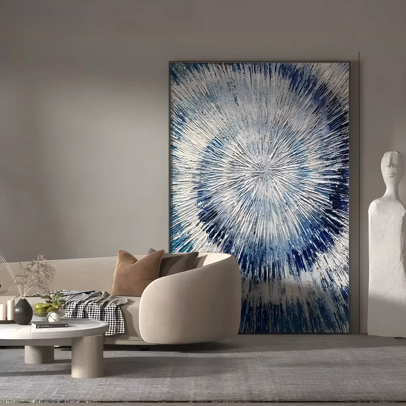 a large vertical textured abstract painting of a starburst radiating from the center of the canvas, hundreds of navy, sky blue and cream knife strokes fanning outward in thick ridged impasto