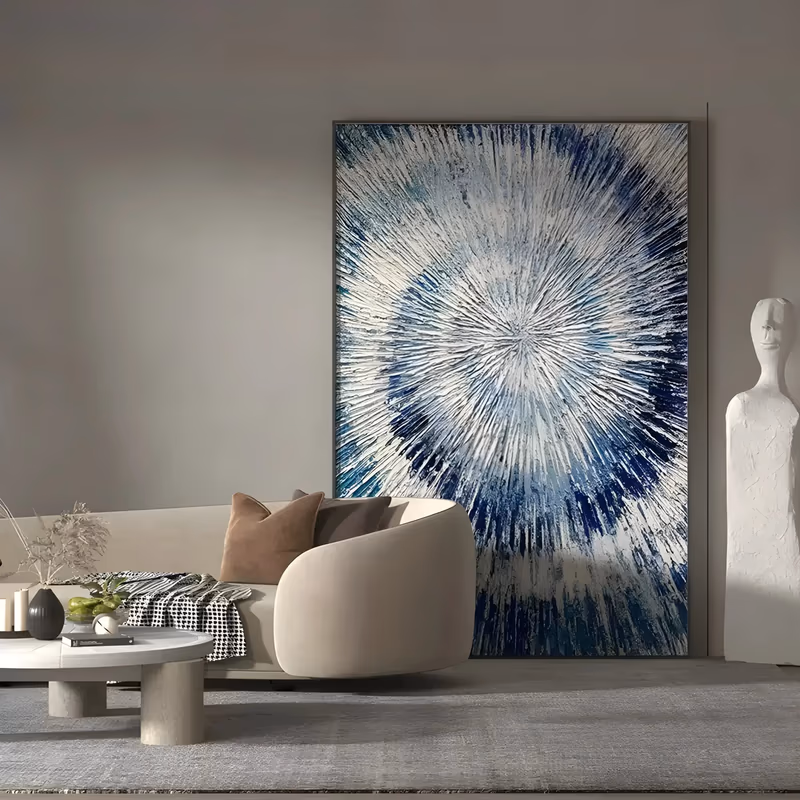 a large vertical textured abstract painting of a starburst radiating from the center of the canvas, hundreds of navy, sky blue and cream knife strokes fanning outward in thick ridged impasto