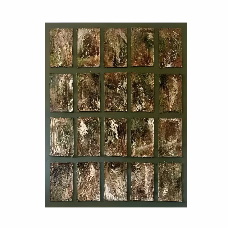 a large vertical textured wall art panel holding twenty small rectangular relief tiles in four rows of five, each crusted with rust brown, olive green and bronze paint, mounted on a deep olive ground