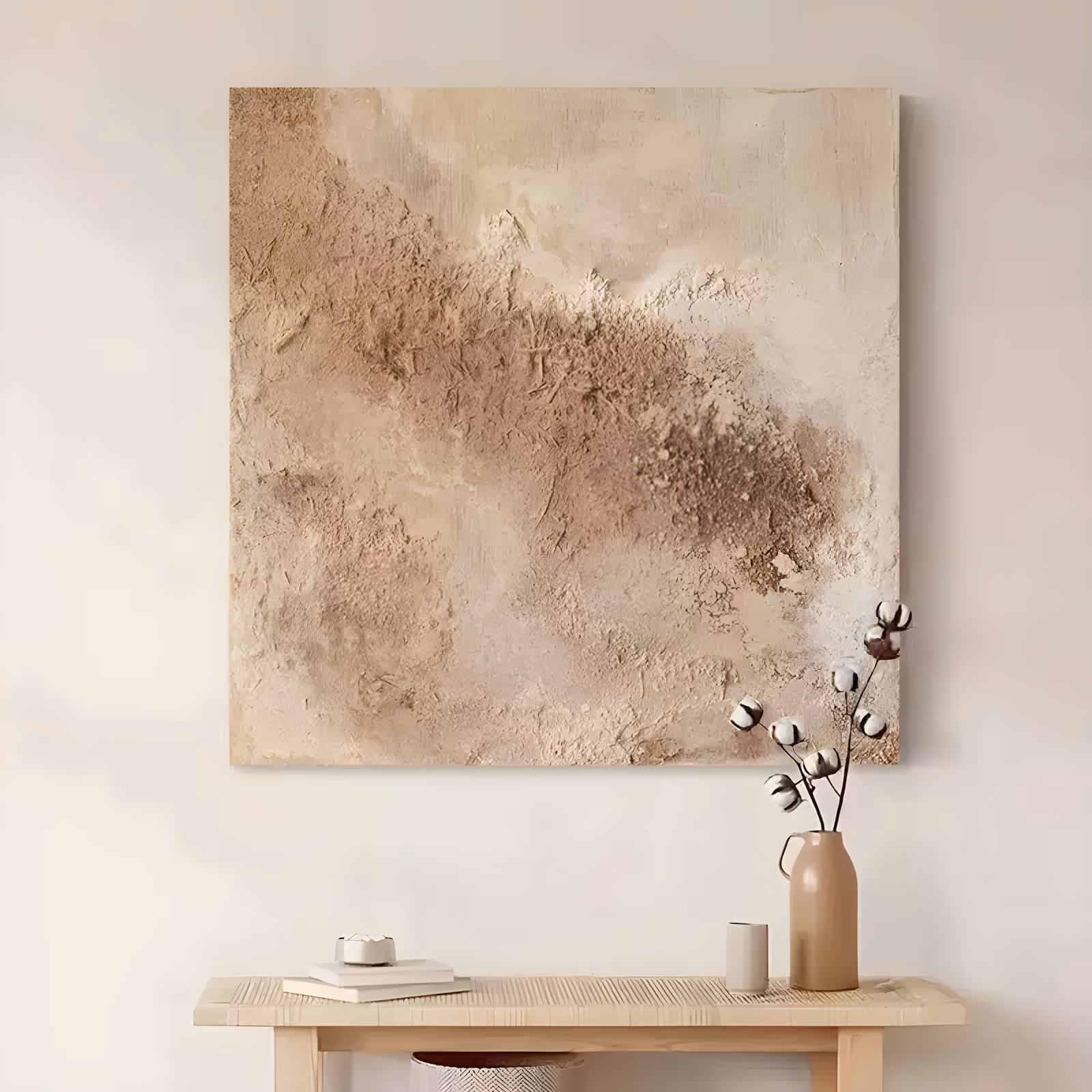 a large square textured painting of an abstract sand field, a wide band of rust and clay brown running diagonally through a pale cream and beige ground with crumbled grit and cracked edges, in thick sand-mixed plaster