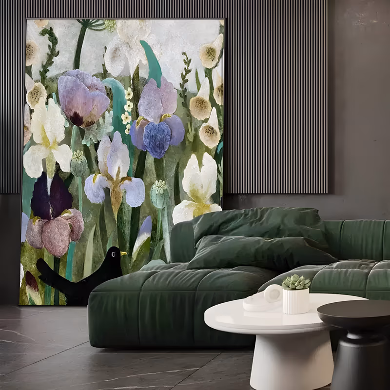 a large vertical textured floral painting of white and lilac bearded irises with cream seed pods and green blade leaves, a small black bird perched at the lower left, in soft layered hand-painted texture