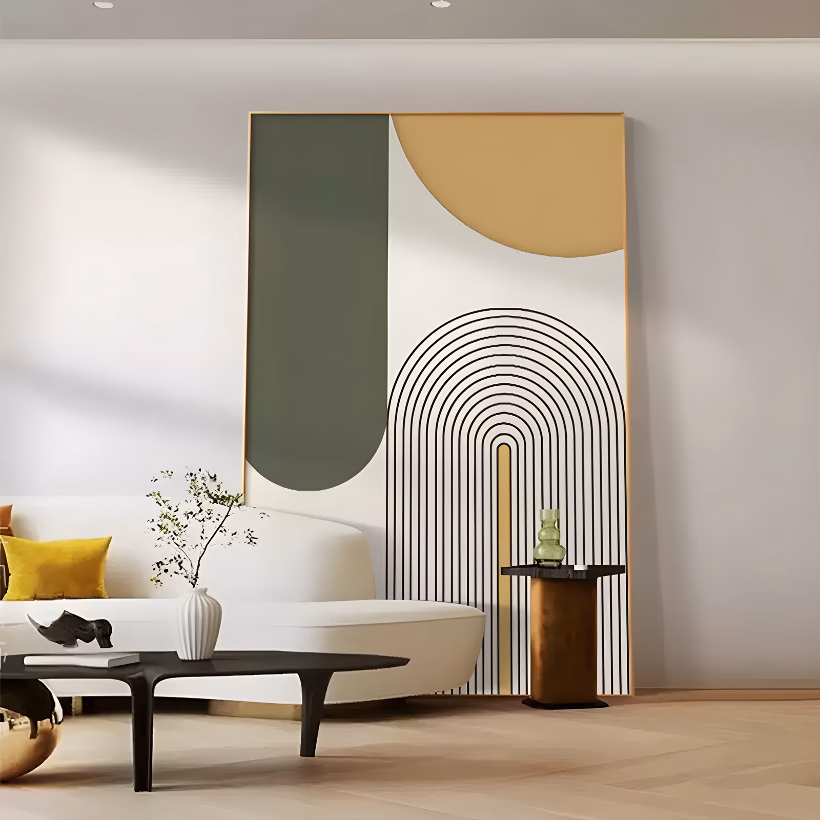 a large vertical minimalist painting of an olive green arch on the left, a mustard ochre half-sun at the top right and a set of concentric black line arches below, on a cream ground, in flat matte paint