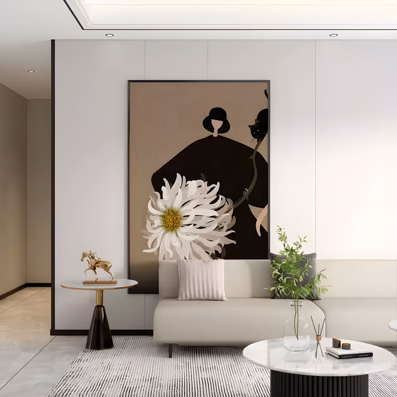 a large vertical minimalist painting of a woman in a black dress seen from behind, a black cat on her shoulder and a big white chrysanthemum with a yellow center in front of her, on a tan ground, in flat matte acrylic