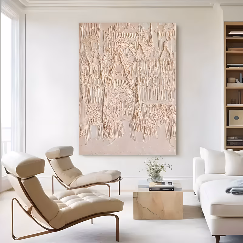 a large vertical plaster relief painting of a gothic cathedral facade with a rose window, pointed arches and rows of carved figures, worked entirely in pale blush pink knife-laid texture