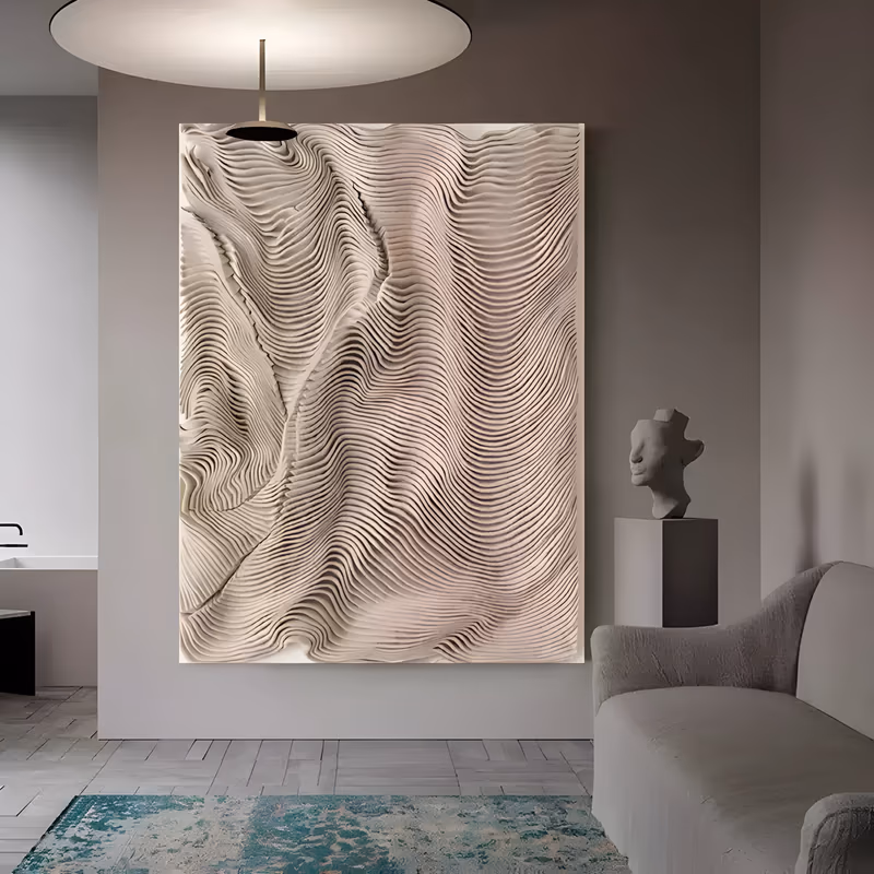 a large vertical sculpted relief painting of beige plaster ripples running in close parallel curves from top to bottom, deep enough to cast fine shadows, in carved sand-colored plaster