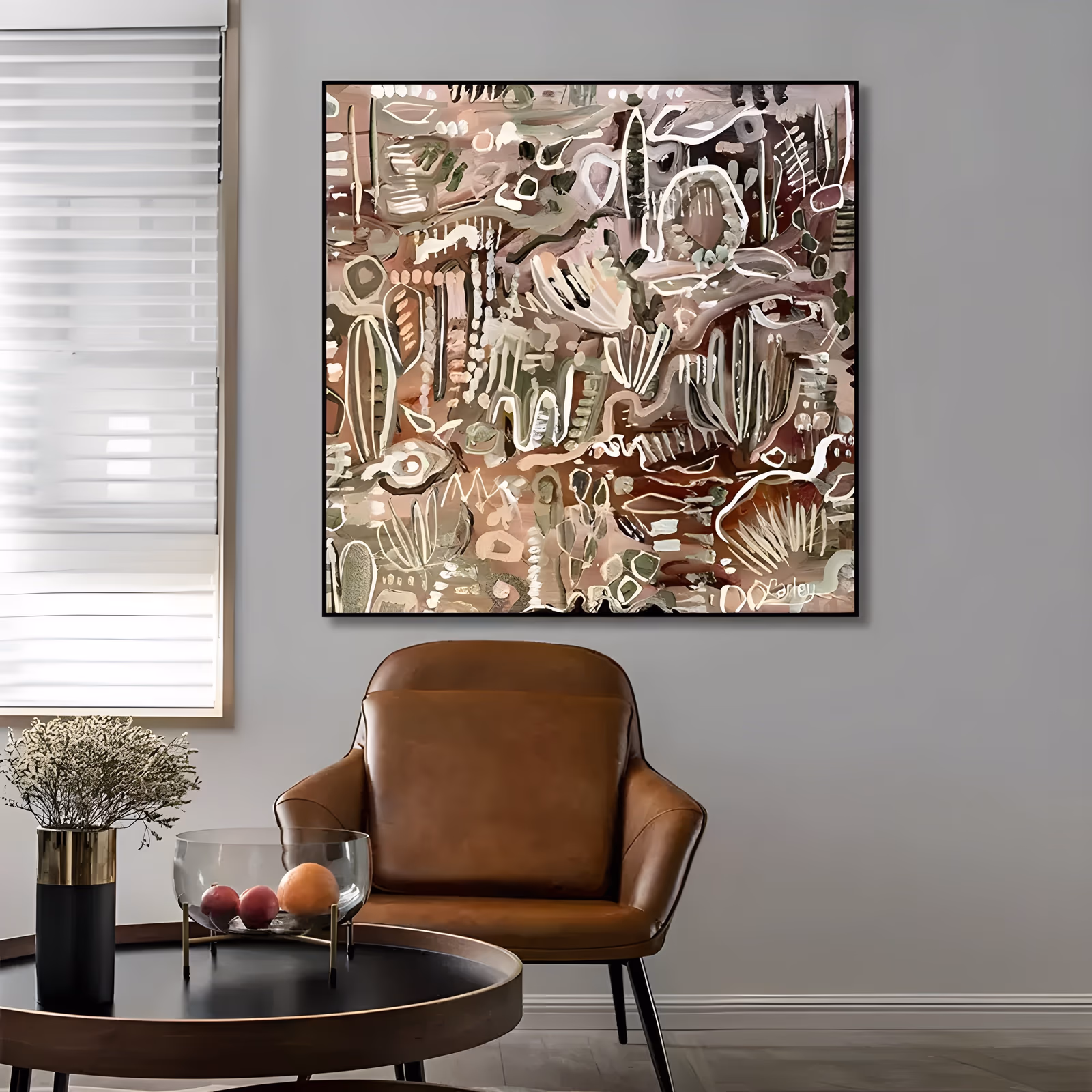 a large square abstract painting of cream and olive squiggles, pods and cactus-like shapes drawn over a dusty rose and brown ground, loosely spaced, in flat hand-painted acrylic