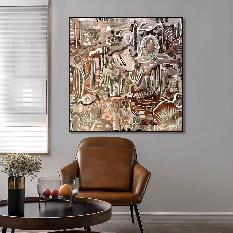 a large square abstract painting of cream and olive squiggles, pods and cactus-like shapes drawn over a dusty rose and brown ground, loosely spaced, in flat hand-painted acrylic