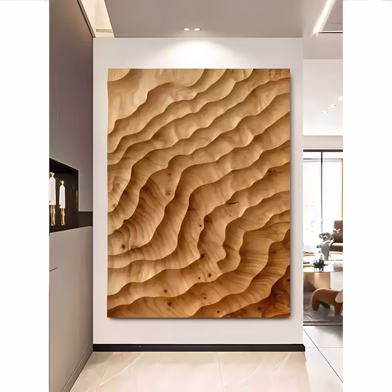 a large vertical relief painting of overlapping wavy ridges carved in warm honey and tan wood grain, the rows stacked like windblown sand, with deep shadow lines between each carved edge