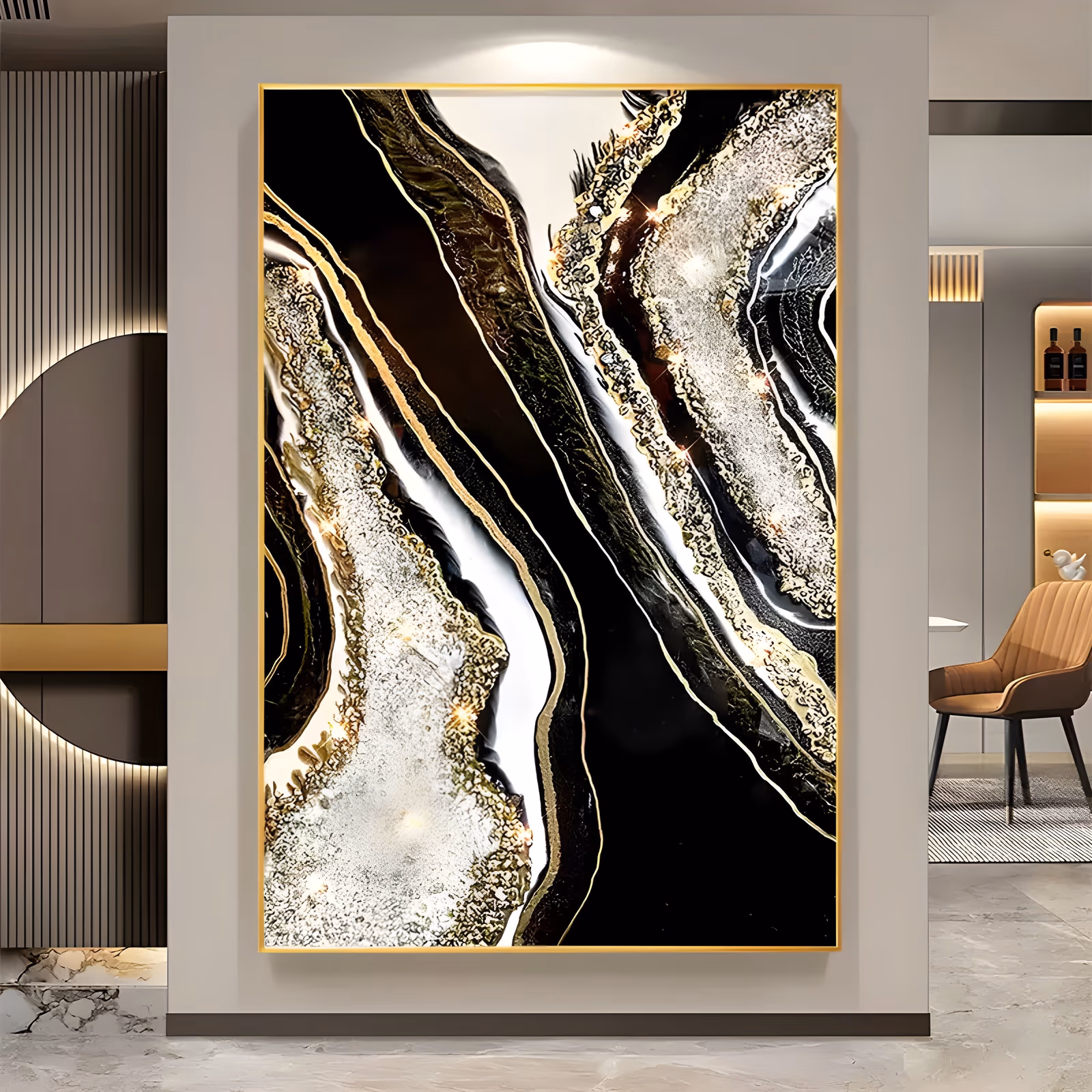 a large vertical abstract painting of black and gold geode agate bands curving down the canvas, with white and silver crystal pockets glittering at their centers, in thick sparkling metallic relief