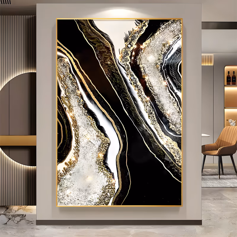 a large vertical abstract painting of black and gold geode agate bands curving down the canvas, with white and silver crystal pockets glittering at their centers, in thick sparkling metallic relief