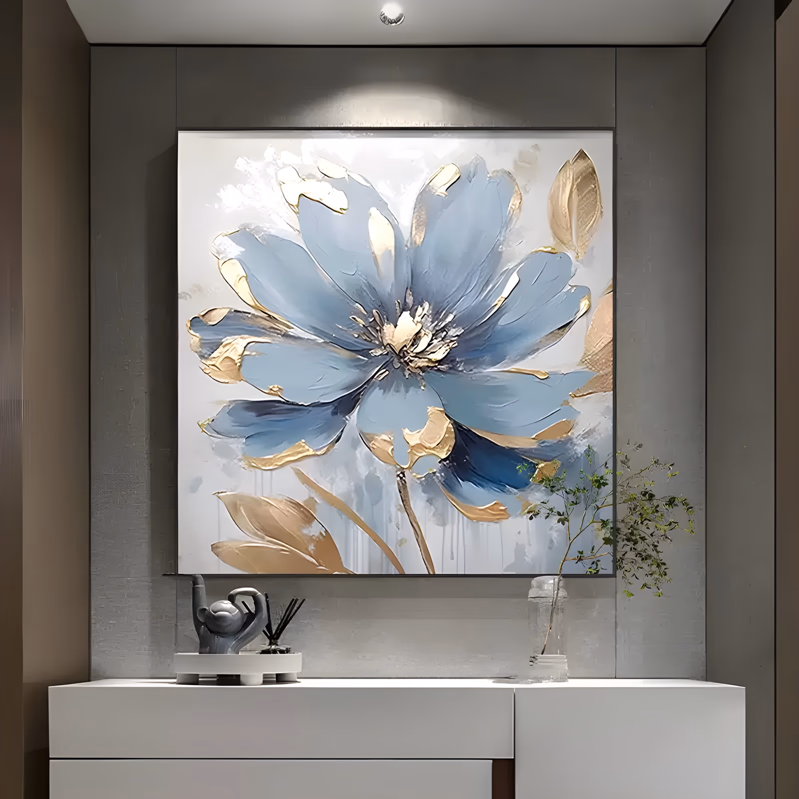 a large square floral painting of one wide dusty blue flower with gold-edged petals and a pale gold center, flanked by gold leaves on a white ground, in thick palette-knife oil
