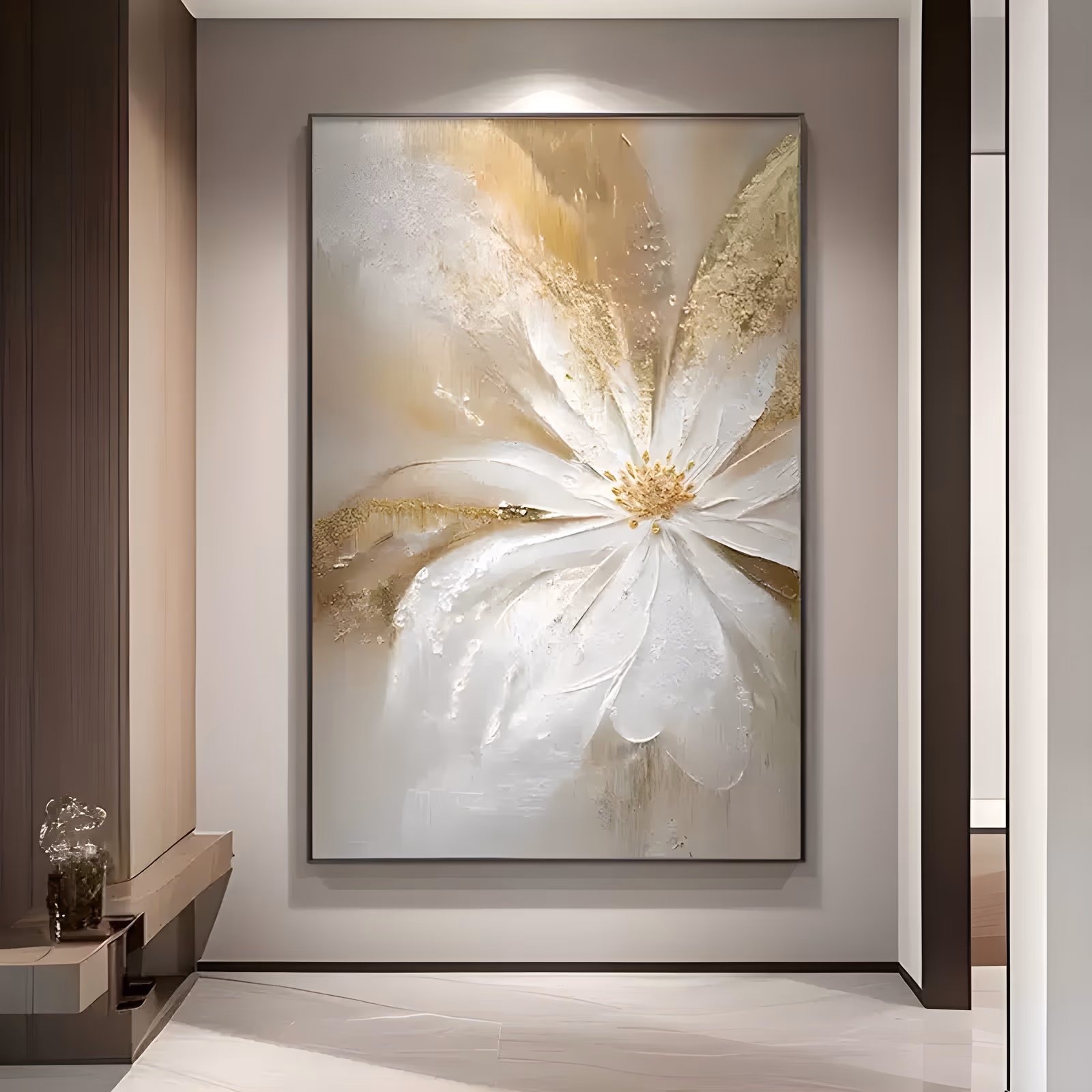 a large vertical impasto painting of one white flower with long tapering petals opening from a gold seeded center at the right of the frame, gold-leaf streaks fanning behind it on a cream ground, in heavy impasto