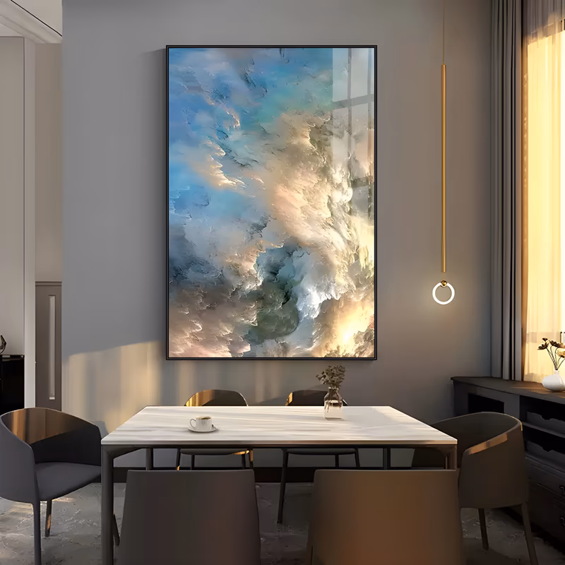 a large vertical abstract painting of billowing cloud banks that swell from the lower left to the top edge, in blue, teal, sage green, cream and blush, built in heavy impasto ridges of oil paint