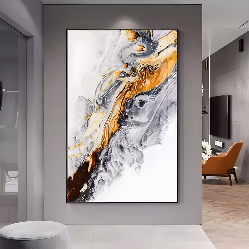 a large vertical abstract painting of a diagonal marbled swirl in gold, amber, gray and dark brown flowing through a clean white ground, with fine feathered veining, in smooth poured acrylic
