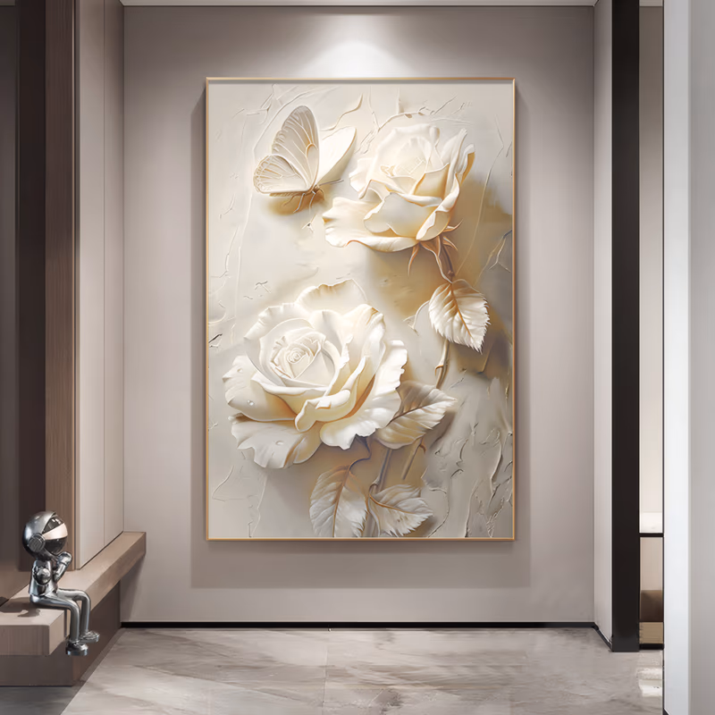 a large vertical relief painting of two cream sculpted roses with curled leaves and a butterfly resting at the upper left, all modeled in ivory plaster with fine gold edging on a pale troweled ground