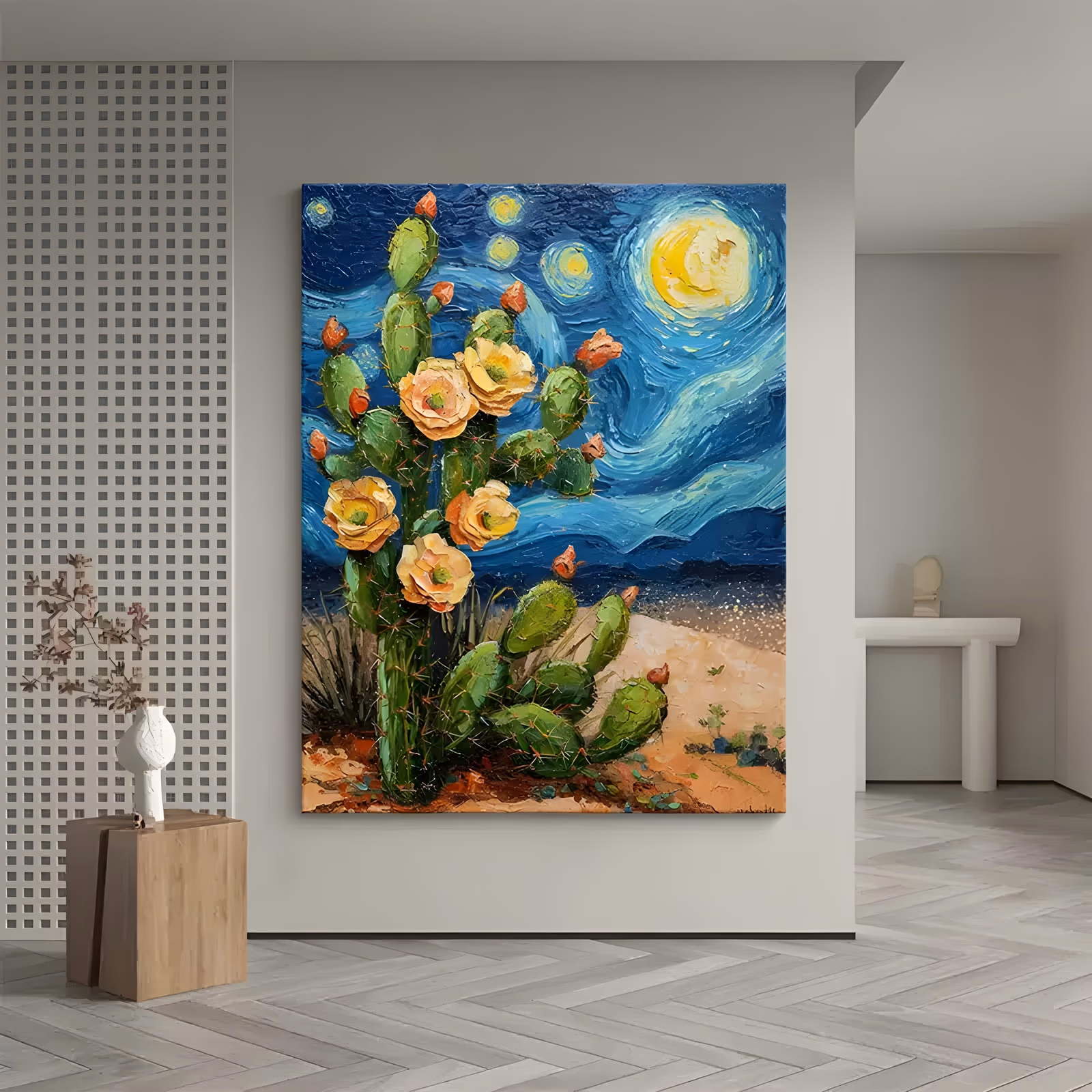 a large vertical impressionist painting of a prickly pear cactus with yellow and peach blooms standing on pale desert sand, under a deep blue sky of swirling stars and a bright yellow moon, in heavy impasto