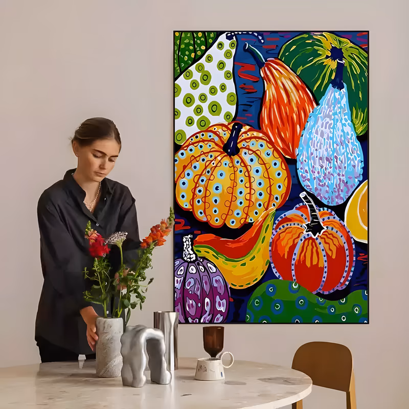 a large vertical pop art painting of stacked pumpkins and gourds in orange, yellow, purple and green, each one patterned with dots, rings and stripes against a navy blue ground, in flat bold acrylic