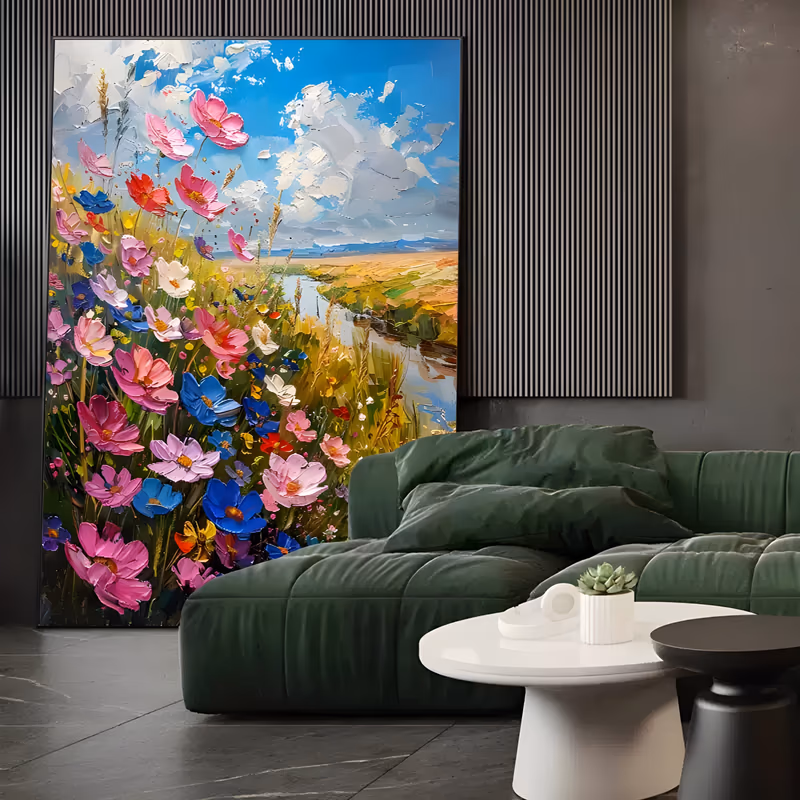 a large vertical impressionist landscape of pink, blue and red wildflowers filling the lower left, a narrow river curving back through golden fields, under a blue sky of piled white clouds in heavy impasto