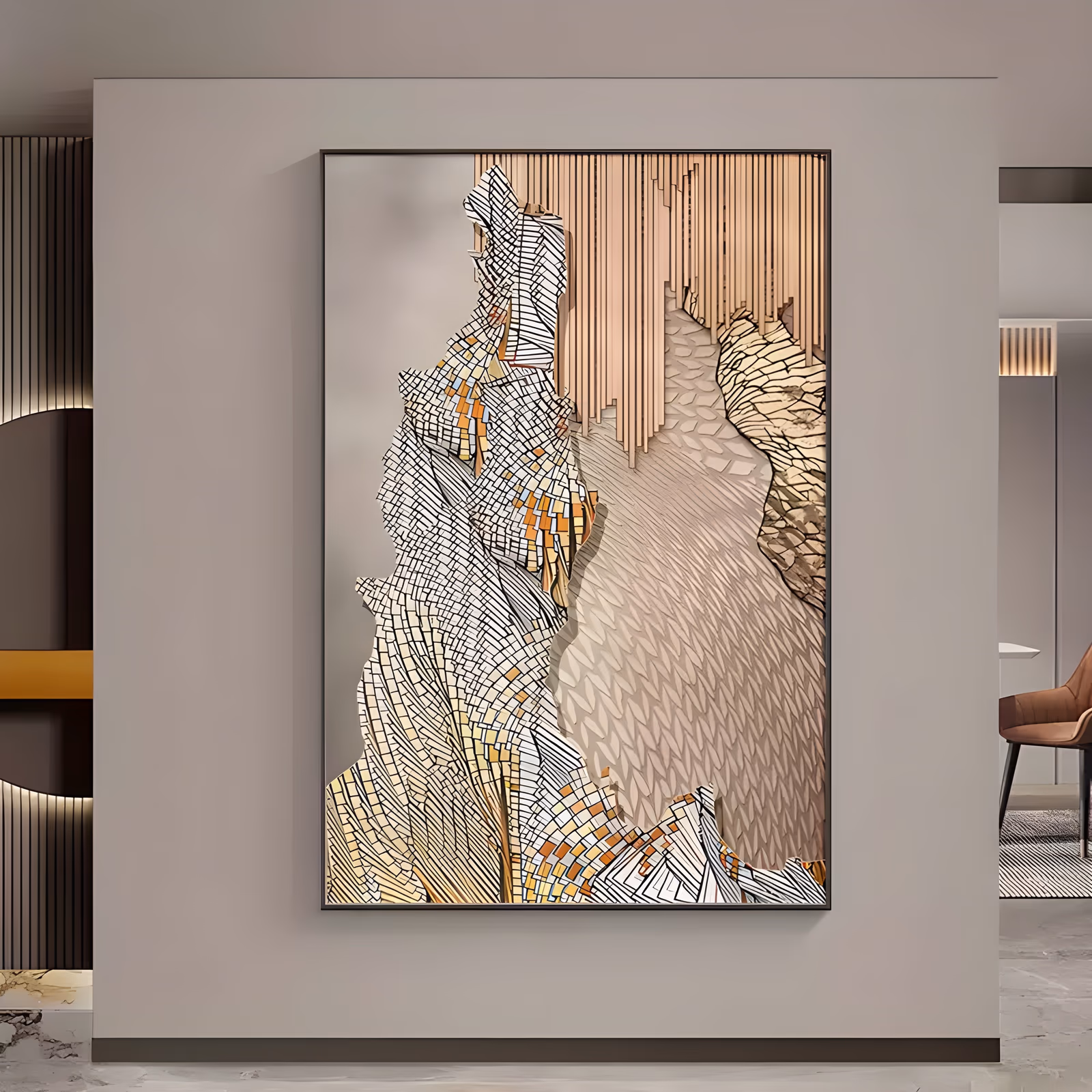 a large vertical relief wall art piece of a cliff of small cream, gold and orange mosaic tiles rising up the left side, raised wood-tone bars at upper right and a gray scale-patterned ground, in sculpted 3D texture
