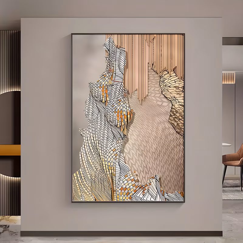 a large vertical relief wall art piece of a cliff of small cream, gold and orange mosaic tiles rising up the left side, raised wood-tone bars at upper right and a gray scale-patterned ground, in sculpted 3D texture