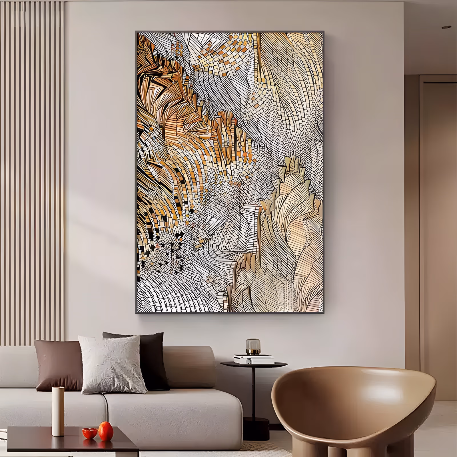 a large vertical abstract painting of dense tessellated mosaic tiles forming swirling fan and feather shapes in amber, ochre, cream, gray and black, outlined in fine ink lines, in flat hand-painted acrylic