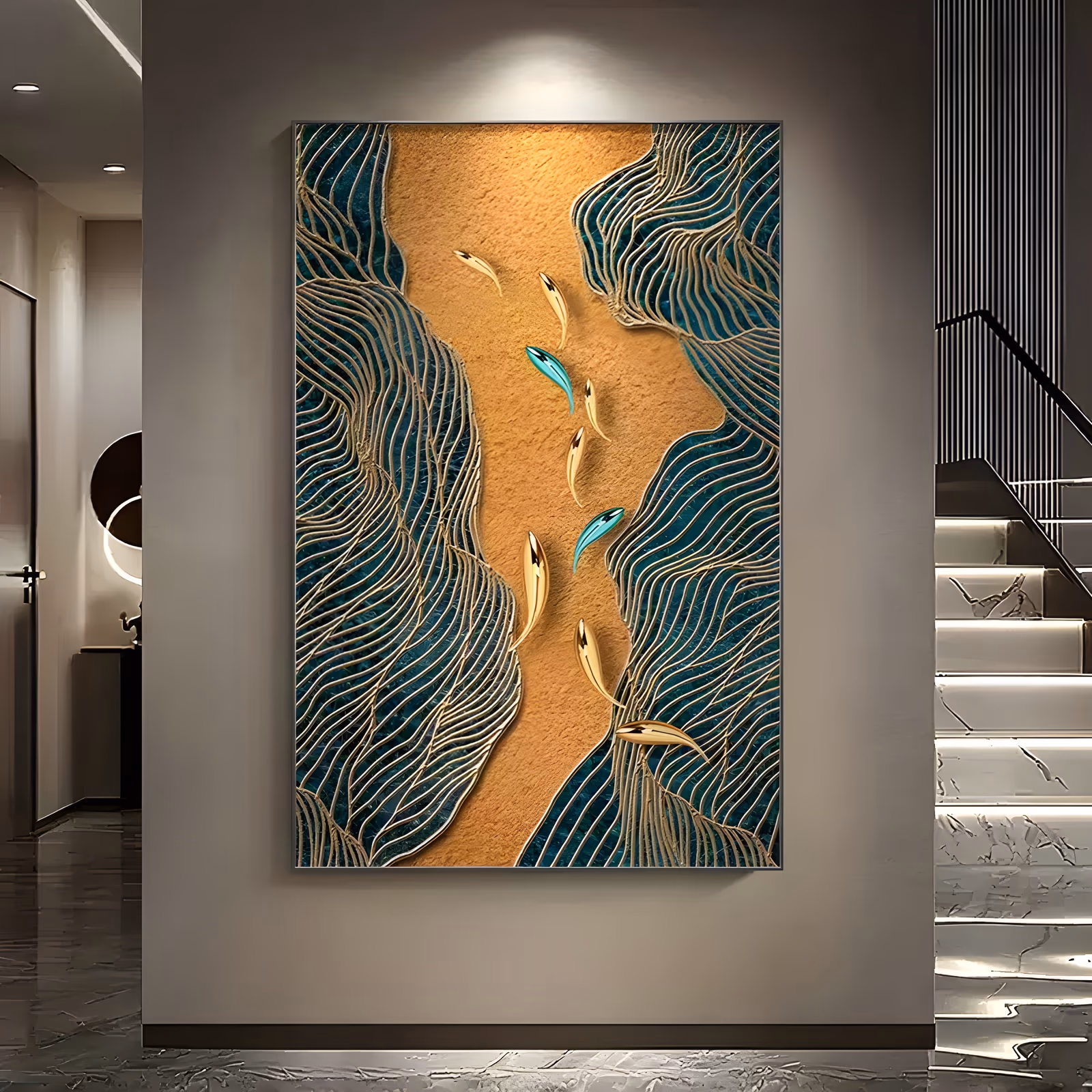 a large vertical relief painting of a shoal of gold and teal fish swimming up a sandy ochre river channel that winds between teal banks carved with fine gold contour lines, in raised sculpted plaster