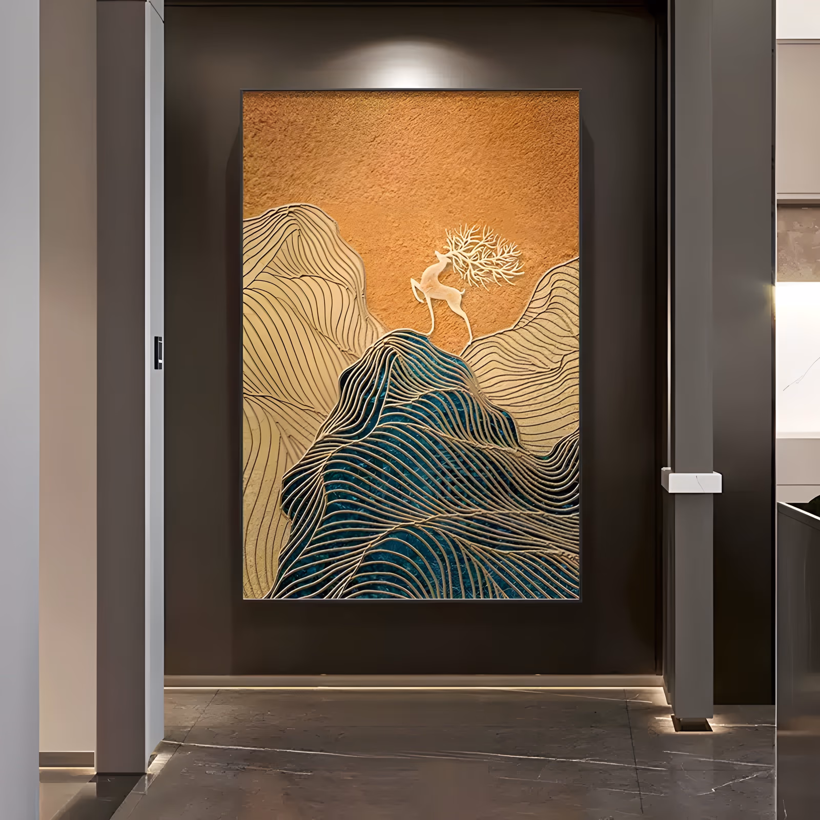 a tall vertical relief painting of a white stag standing beside a pale coral-like tree on gold contour-lined hills, with a teal ridged slope in the foreground and a rust orange textured sky behind