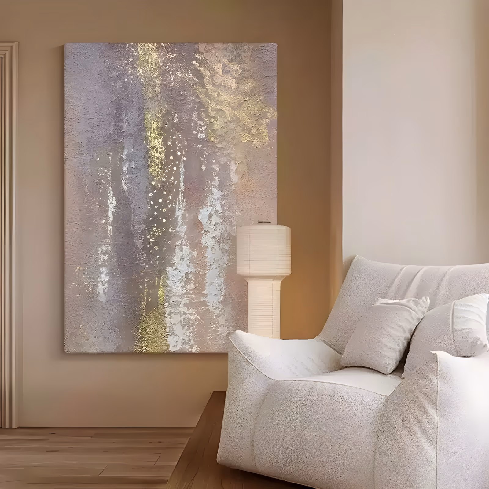a large vertical wabi-sabi painting of a weathered blush pink and lilac gray field, with vertical gold leaf streaks down the center and scattered white dots, built up in thick textured plaster-like paint