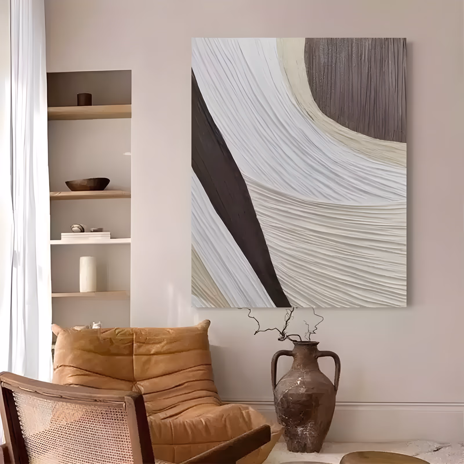 a large vertical relief wall art panel of finely ribbed cream and white plaster curves sweeping in from the lower right, cut by a dark brown diagonal band at the left and a brown wood-grain block in the top corner