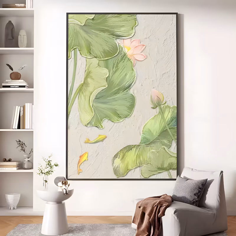 a large vertical plaster-textured painting of pale sage lotus pads over a cream ground, a pink lotus in bloom at the upper right, a closed bud beside it and two small gold fish below left, painted in soft oil