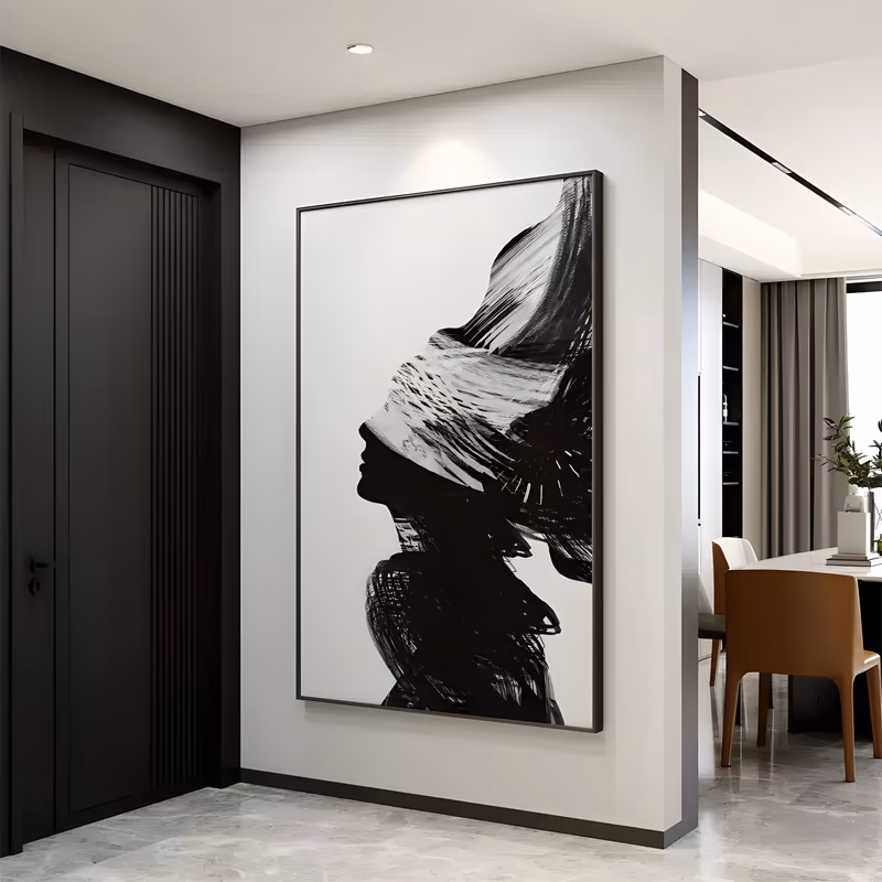 a large vertical minimalist painting of a woman seen in profile, her face and shoulders drawn in solid black ink strokes under a wide sweeping brushed hat, set on a plain white ground, in flat dry brushed acrylic