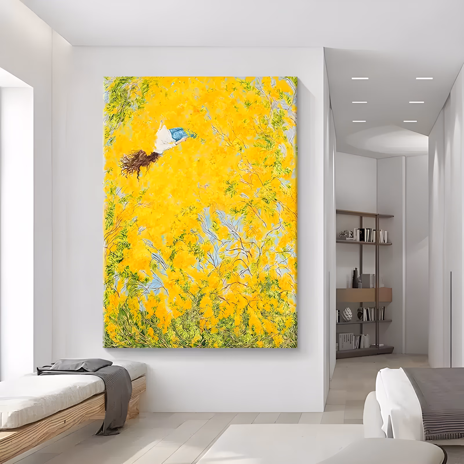 a large vertical impressionist painting of a girl in a white dress and blue hat lying high in a canopy of golden yellow blossoms, green leaves and pale sky showing at the lower edge, in soft brushed oil