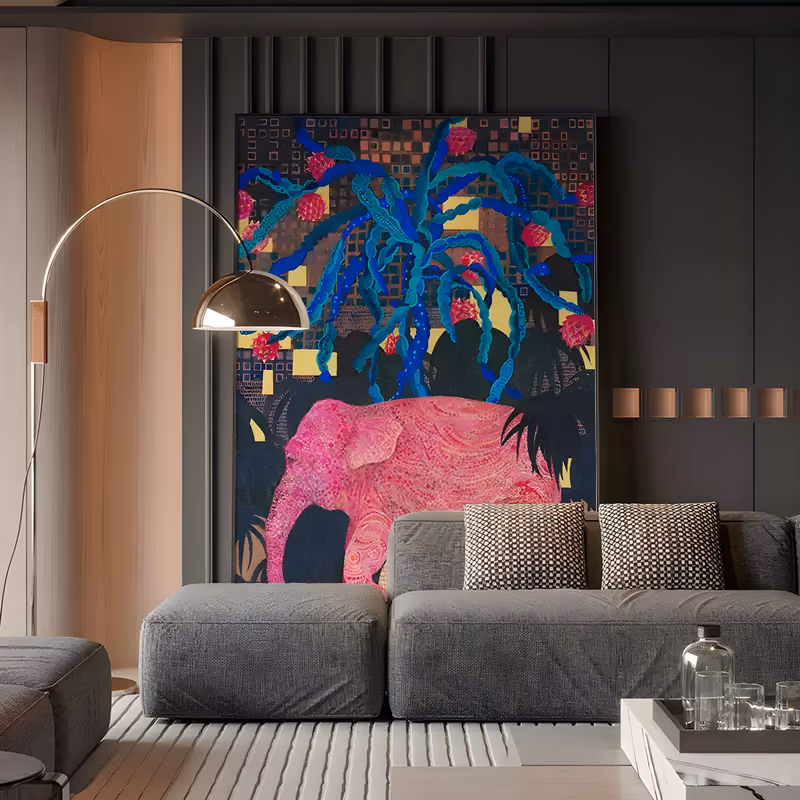 a large vertical folk art painting of a hot pink patterned elephant beneath a stylized blue and teal cactus tree hung with magenta fruit, on a dark mosaic ground of yellow and rust squares, in flat matte acrylic
