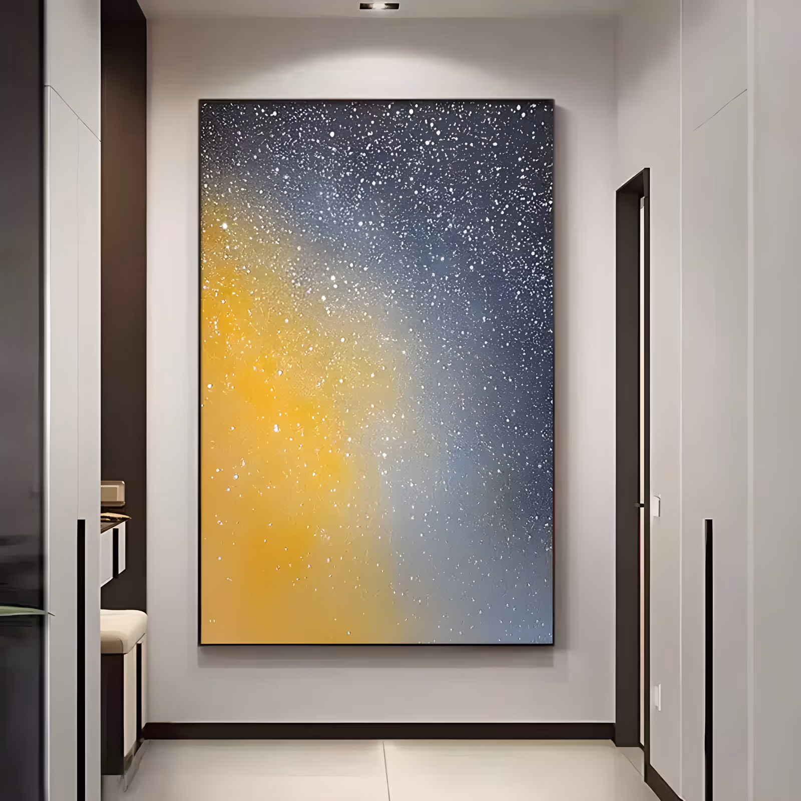 a large vertical abstract painting of a golden yellow glow in the lower left fading into deep blue-gray at the upper right, scattered all over with fine white speckles like distant stars, in smooth blended acrylic