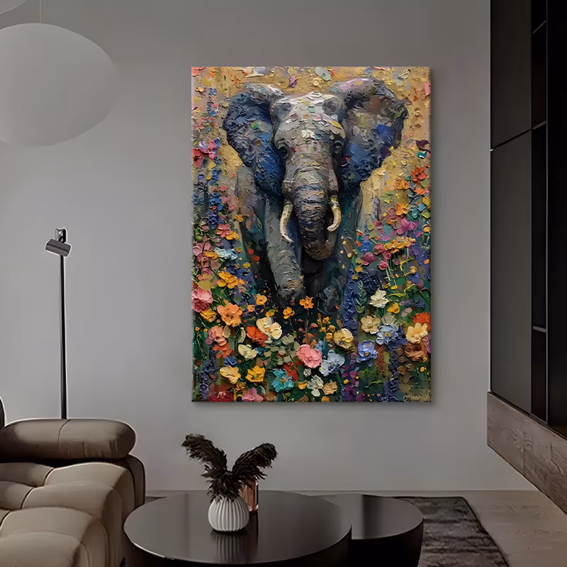 a large vertical textured painting of a gray-blue elephant facing forward, its head and ears surrounded by sculpted pink, yellow, orange and violet flowers on a gold ground, in heavy raised relief