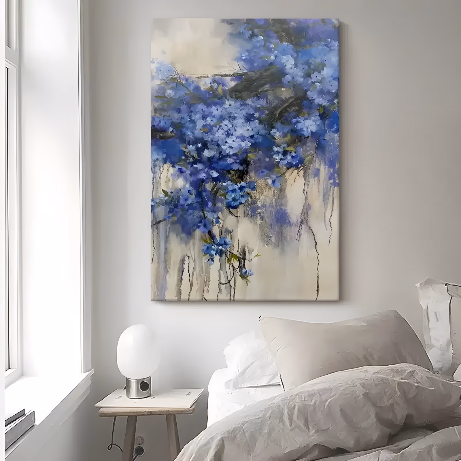 a large vertical impressionist canvas painting of clustered blue and violet hydrangea blossoms spilling from dark branches at the top over a cream and beige ground, with thin paint drips running down, hand-painted