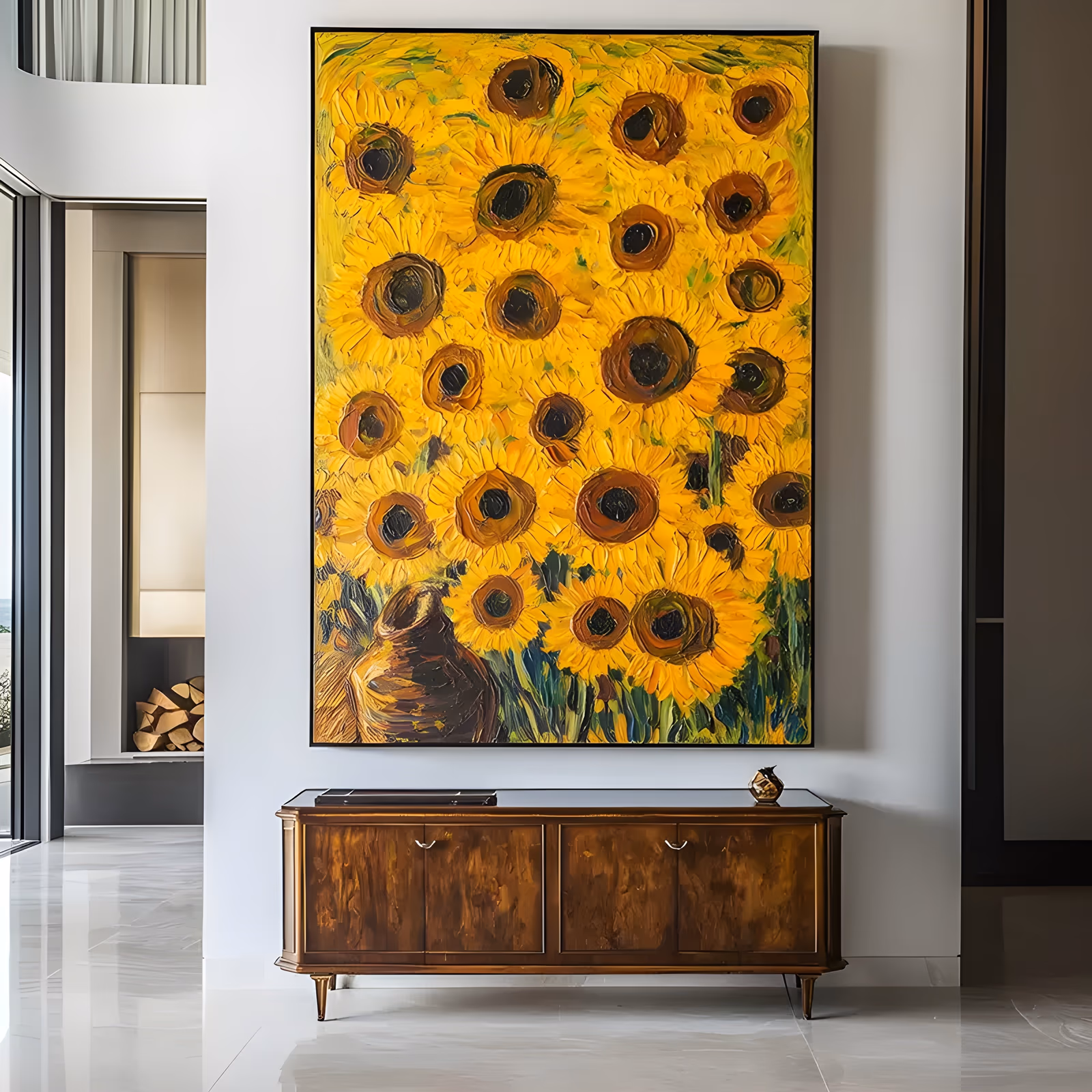 a large vertical hand-painted canvas of dozens of yellow sunflowers with dark brown centers filling the upper frame above a rounded brown vase, green stems below, worked in heavy ridged impasto