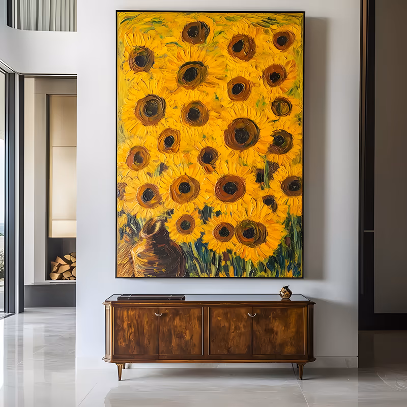a large vertical hand-painted canvas of dozens of yellow sunflowers with dark brown centers filling the upper frame above a rounded brown vase, green stems below, worked in heavy ridged impasto