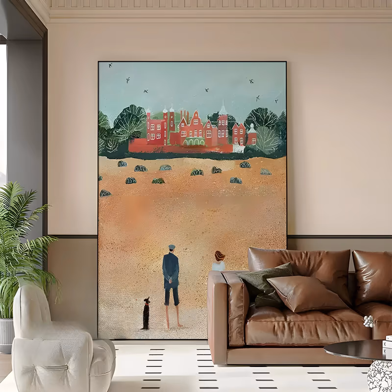 a large vertical naive folk painting of a man in a blue suit, a woman in a pale mint dress and a small dark dog standing on a wide peach sand field, facing a red manor house under a teal sky, in flat matte paint