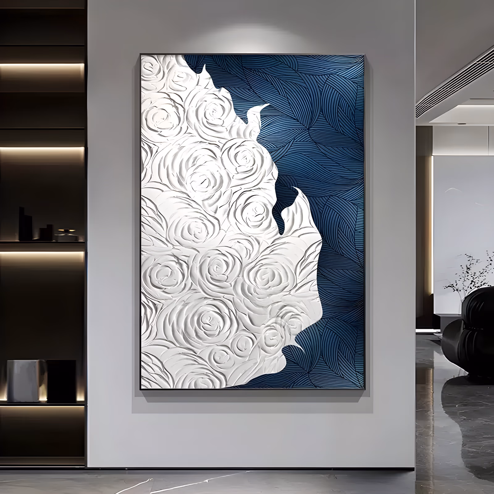 a large vertical relief painting of a dozen white plaster roses massed over the left two thirds behind a torn ragged edge, with a deep navy blue ground of carved leaf lines on the right, in sculpted relief