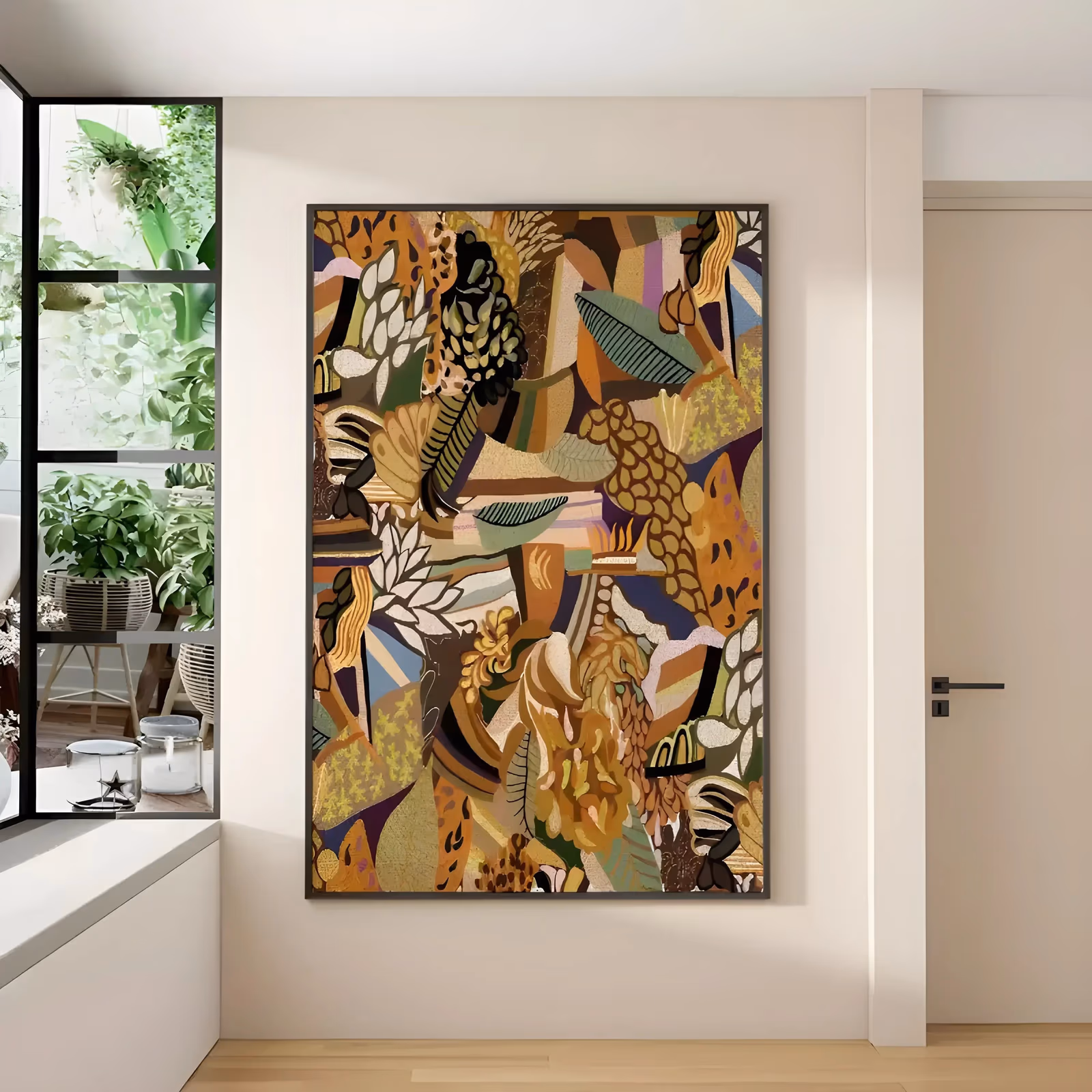 a large vertical maximalist collage painting of stylized leaves, fronds, seed pods and blooms layered in ochre, gold, brown and purple with teal and cream accents, outlined in black, in flat acrylic