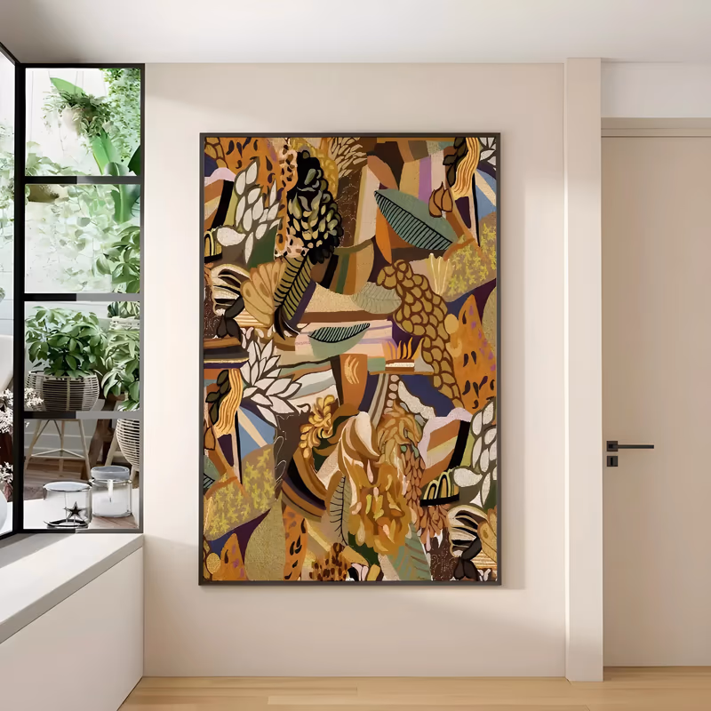 a large vertical maximalist collage painting of stylized leaves, fronds, seed pods and blooms layered in ochre, gold, brown and purple with teal and cream accents, outlined in black, in flat acrylic