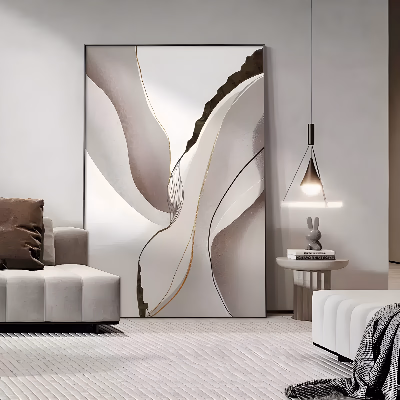 a large vertical minimalist painting of overlapping taupe, white and pale gray curved forms with thin gold and dark brown outlines running through the center, in smooth flat hand-painted acrylic