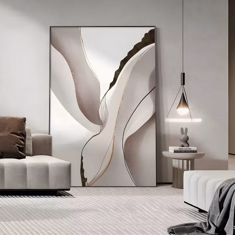 a large vertical minimalist painting of overlapping taupe, white and pale gray curved forms with thin gold and dark brown outlines running through the center, in smooth flat hand-painted acrylic
