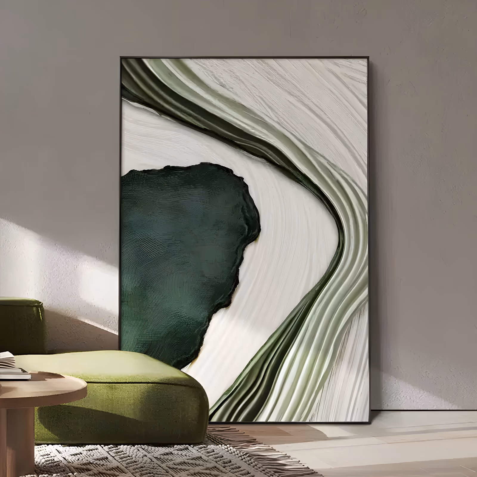 a large vertical plaster relief painting of a solid dark green shape at the left, sage green ridged bands curving around it at the top and lower right, over a white ground combed into fine lines