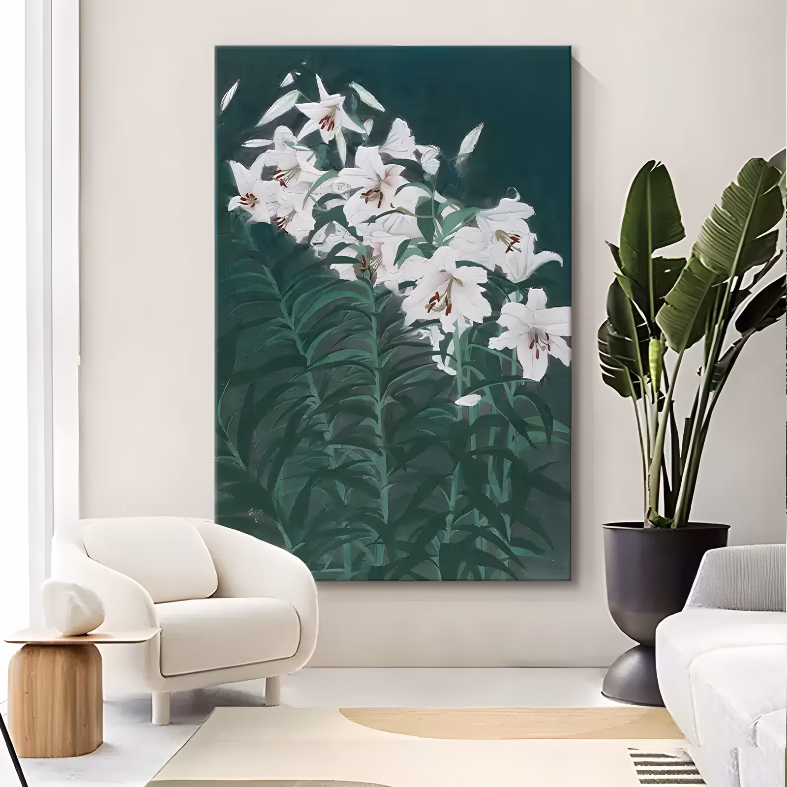 a large vertical floral painting of a cluster of white trumpet lilies with rust stamens at the top of the canvas above dense dark green leaves and stems on a deep green ground in soft oil