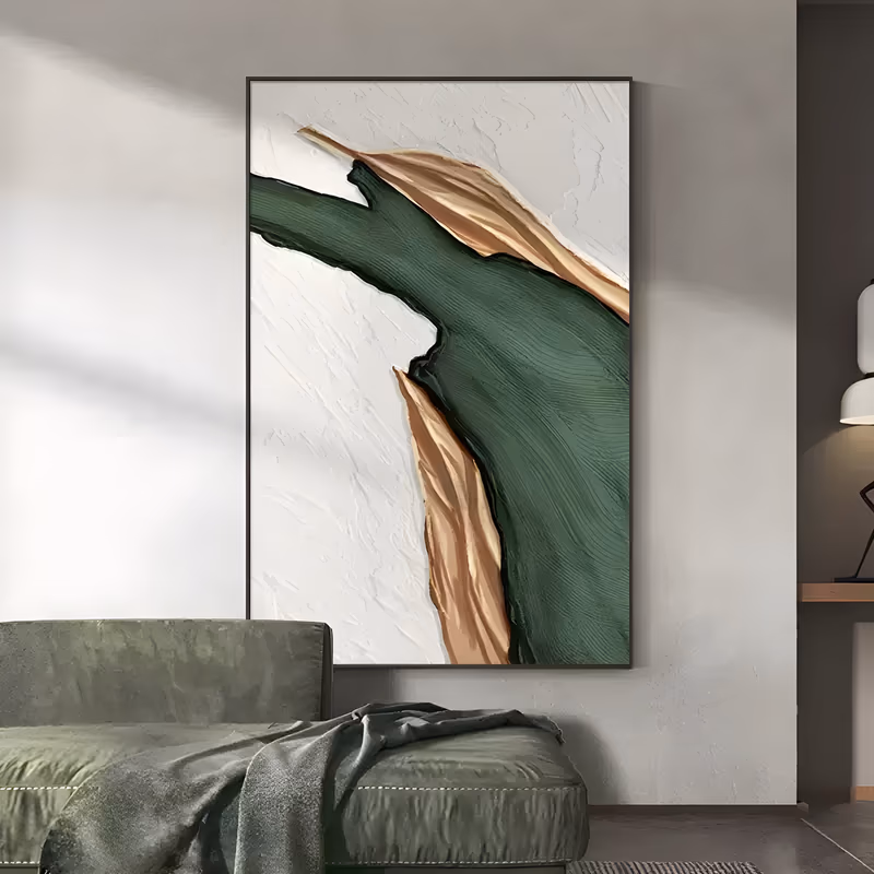 a large vertical minimalist plaster relief painting of a deep green sweeping form curving down the canvas, edged with tan and copper gold folds, worked in thick hand-troweled texture