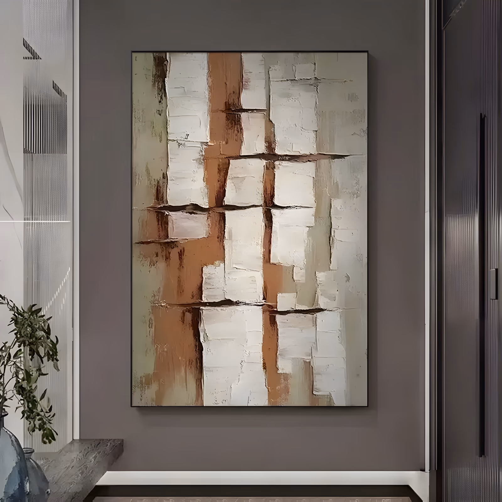 a large vertical textured painting of stacked white and cream palette-knife blocks in tall columns, cut by rust orange and olive green bands with dark brown seams, in thick sculpted oil