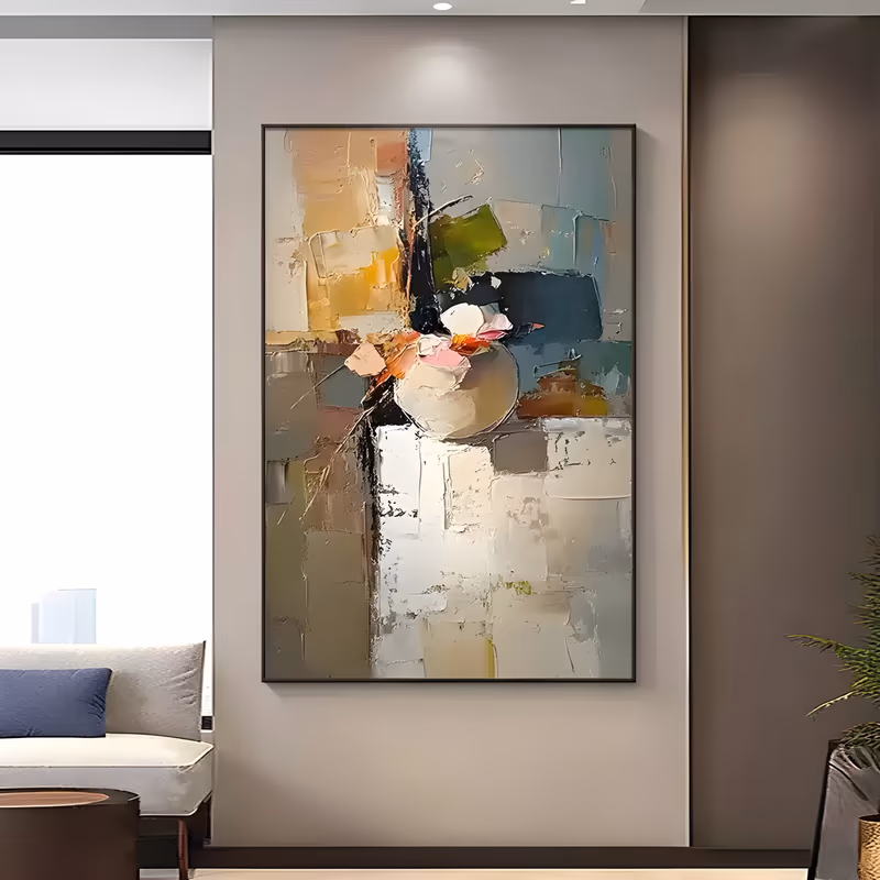 a large vertical abstract still life of a round pale vase holding one pink flower at the center, surrounded by ochre, olive, teal and cream palette-knife blocks, in thick layered oil